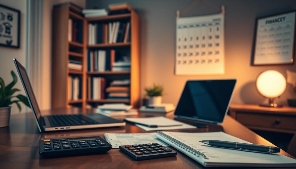 A cozy home office with a wooden desk, a laptop, and financial documents neatly arranged. The lighting is soft and warm, casting a gentle glow over the scene. In the background, a bookshelf filled with financial planning books and a calendar on the wall, subtly indicating the budgeting process. The foreground features a calculator, a pen, and a notebook, hinting at the step-by-step approach to creating a family budget. The overall atmosphere conveys a sense of organization, control, and a thoughtful approach to personal finance.