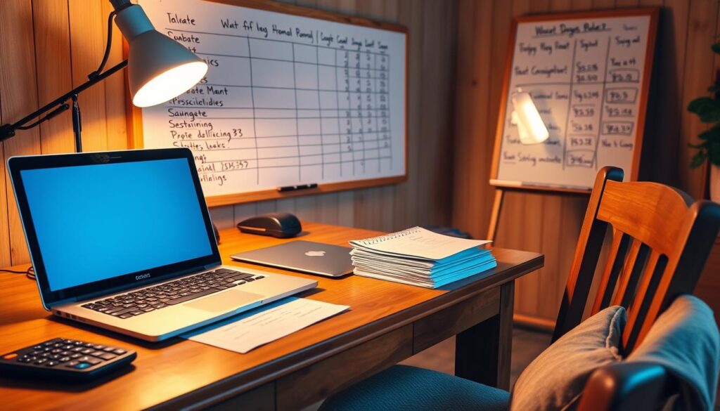 A cozy home office with a wooden desk and chair, a laptop, a stack of financial documents, and a calculator. Warm lighting from a desk lamp casts a gentle glow, creating a focused yet serene atmosphere. In the background, a wall-mounted whiteboard displays a meticulously organized budget, with handwritten notes and calculations. The overall scene conveys a sense of control, organization, and a commitment to domestic financial management.