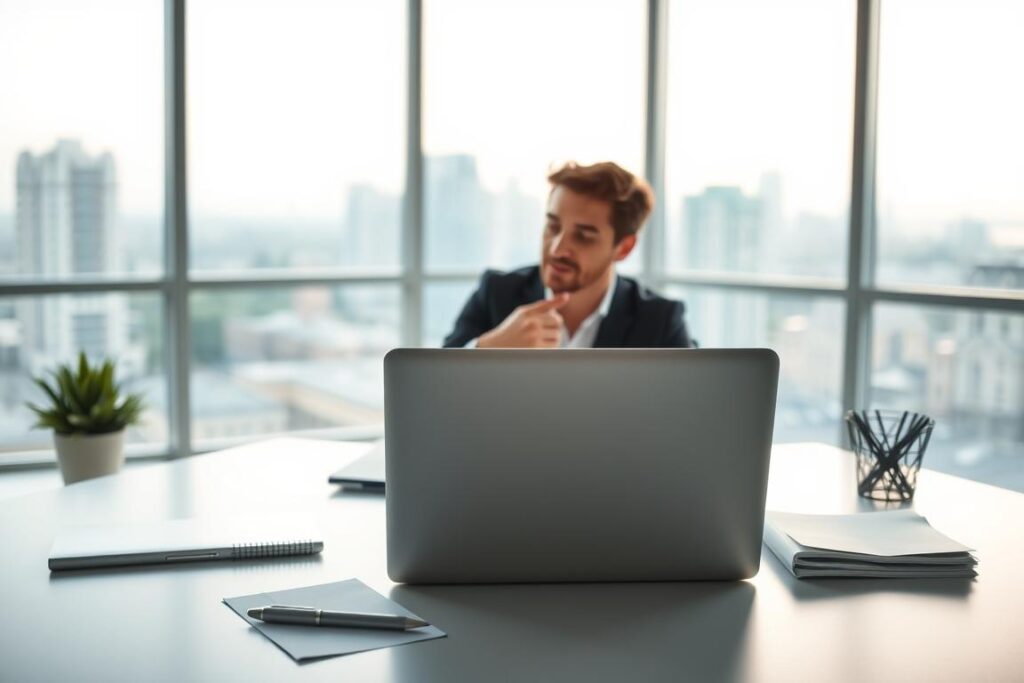 A high-quality, realistic image of "financial education" set in a modern, minimalist office environment. The foreground shows a desk with a laptop, pen, and notebook, symbolizing the tools of financial management. The middle ground features a person, presumably a financial advisor, sitting at the desk and gesturing towards the laptop screen, conveying the act of educating or explaining financial concepts. The background depicts large windows overlooking a serene urban landscape, creating a calm and professional atmosphere. Soft, diffused lighting from the windows illuminates the scene, emphasizing the importance and seriousness of financial education. The overall composition and tone evoke a sense of clarity, organization, and the power of knowledge to shape one's financial future.