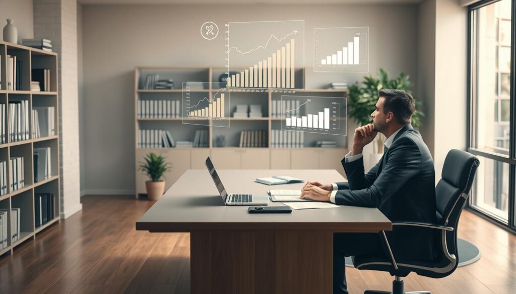 A serene office setting, with a large desk at the center. On the desk, a laptop, some documents, and a potted plant. In the background, shelves filled with books and financial documents. Soft, natural lighting filters through the windows, casting a warm glow on the scene. A businessperson, dressed in a smart, professional outfit, sits at the desk, contemplating various investment strategies, visualized as holographic displays floating above the desk. The overall atmosphere is one of thoughtful focus and financial planning.
