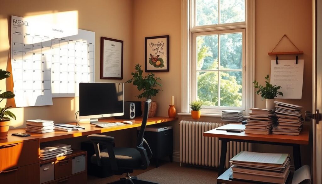A sun-dappled home office with a comfortable ergonomic chair, a sleek desktop computer, and an organized workspace. A large wall calendar, a budgeting binder, and a stack of financial documents suggest a well-planned personal finance routine. Warm lighting casts a cozy glow, and the background depicts a tranquil garden view through a window, symbolizing the peace of financial stability. The overall scene conveys a sense of control, organization, and a thoughtful approach to building a solid financial foundation.