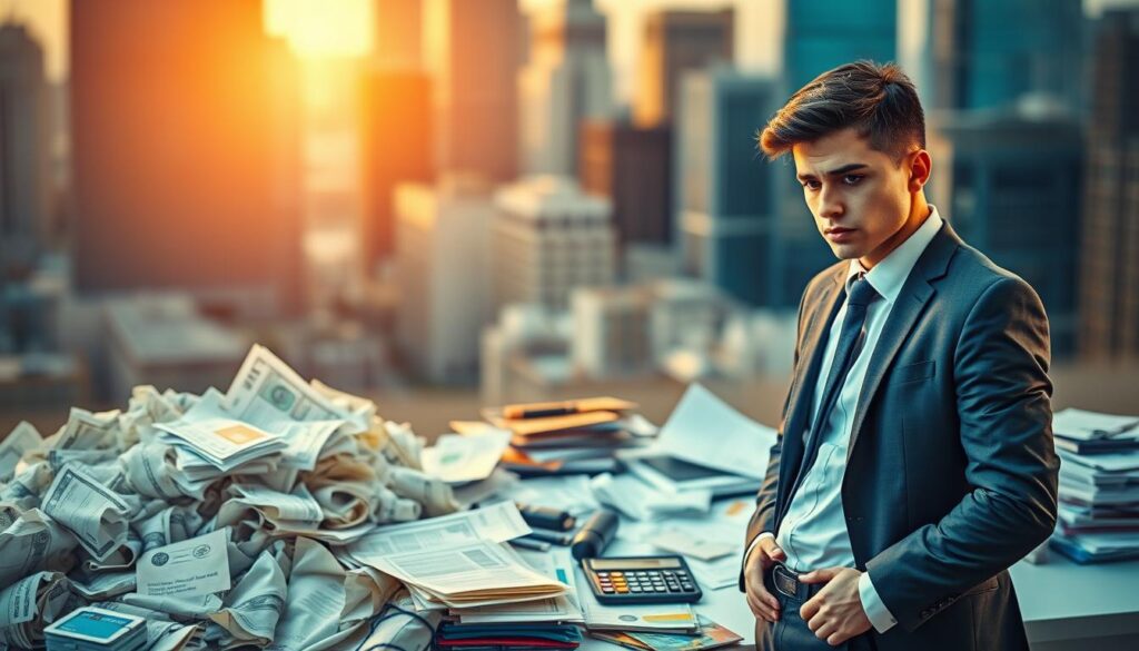 A vibrant and dynamic image showcasing the financial pitfalls faced by 30-year-olds. In the foreground, a young professional, smartly dressed, stands with a troubled expression, surrounded by a tangle of crumpled bills, overdue notices, and a smartphone displaying alarming account balances. In the middle ground, a cluttered desk is strewn with financial documents, credit cards, and a calculator, symbolizing the overwhelming burden of debt and poor money management. In the background, a blurred cityscape with towering skyscrapers represents the fast-paced, high-stakes world of modern finance, emphasizing the importance of financial responsibility at this critical juncture in life. The scene is illuminated by a warm, golden light, creating a sense of unease and urgency, underscoring the urgency of the financial mistakes to be avoided.