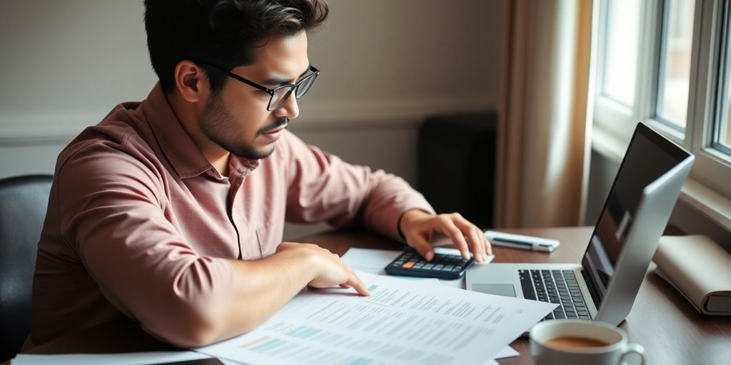 Pessoa analisando finanças em uma mesa com documentos.