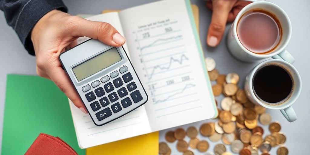 Mãos segurando calculadora e caderno de finanças.