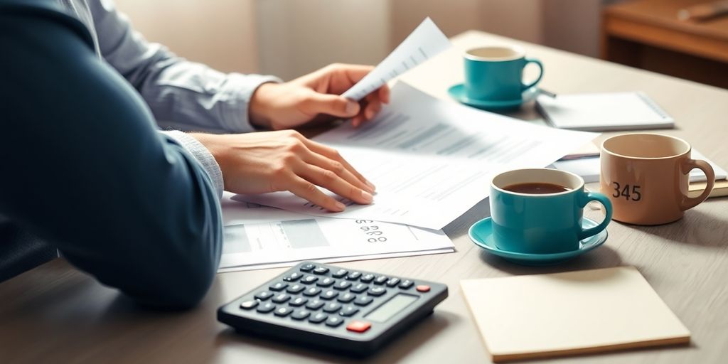 Pessoa analisando finanças em uma mesa com documentos.