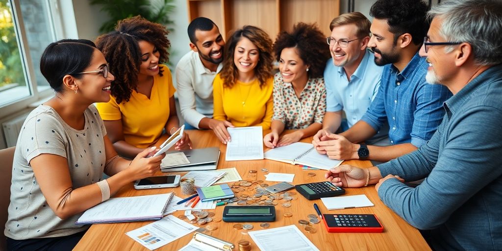 Grupo de pessoas conversando sobre finanças de maneira prática.